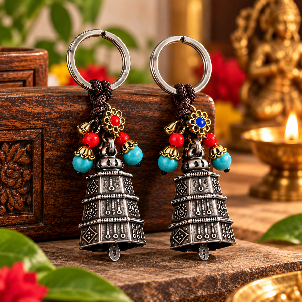 Premium Temple Bell Keychain β Decorative Metal Bell with Beaded Charms
