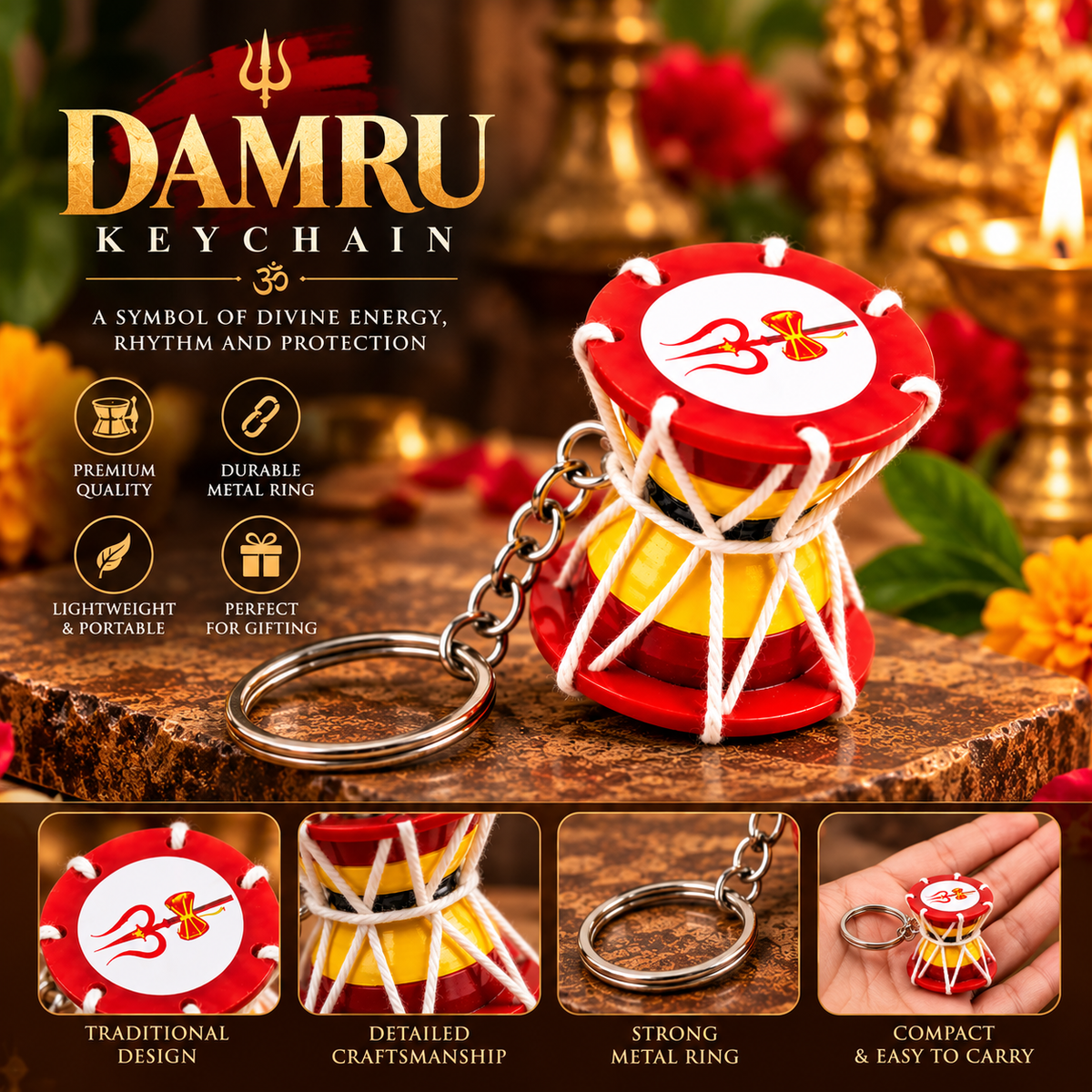 Divine Combo – Om Trishul Guardian Bell with Evil Eye & Traditional Damru Keychain – Buy 1 Get 1 Free