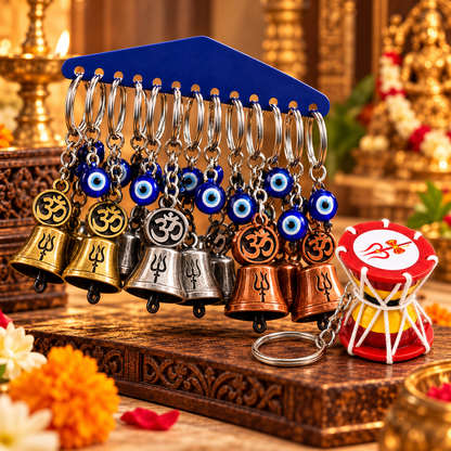 Divine Combo – Om Trishul Guardian Bell with Evil Eye & Traditional Damru Keychain – Buy 1 Get 1 Free