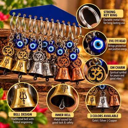 Divine Combo – Om Trishul Guardian Bell with Evil Eye & Traditional Damru Keychain – Buy 1 Get 1 Free