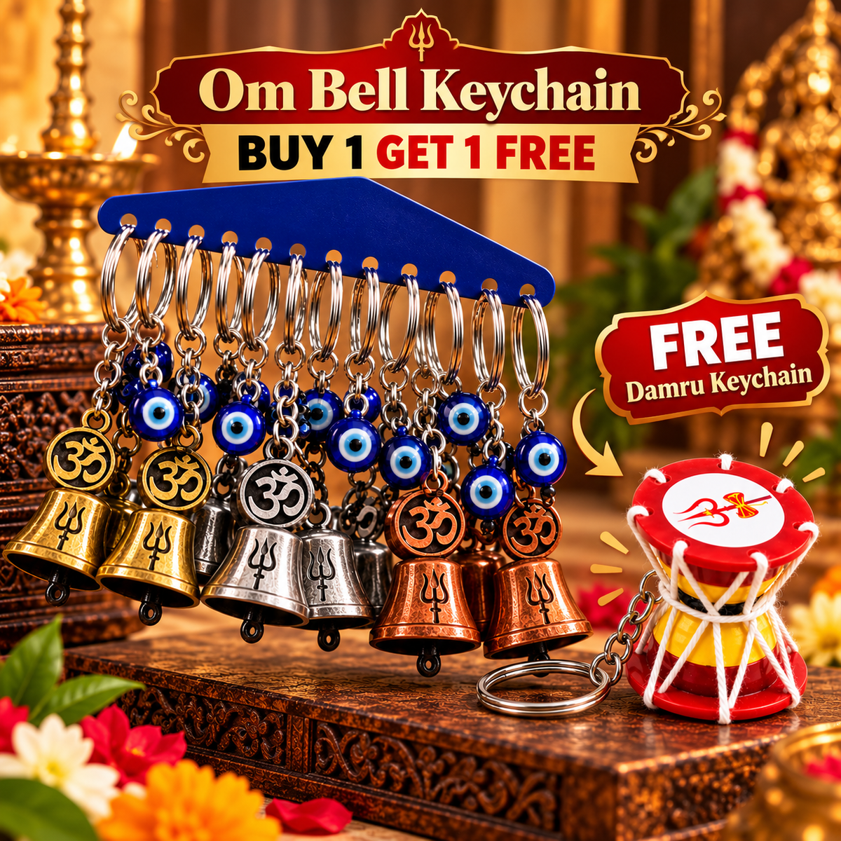 Divine Combo – Om Trishul Guardian Bell with Evil Eye & Traditional Damru Keychain – Buy 1 Get 1 Free