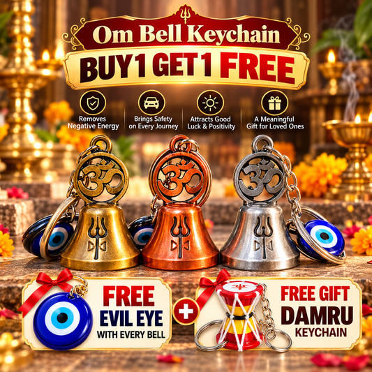 Divine Combo – Om Trishul Guardian Bell with Evil Eye & Traditional Damru Keychain – Buy 1 Get 1 Free