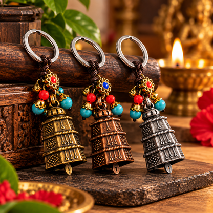 Premium Temple Bell Keychain – Decorative Metal Bell with Beaded Charms