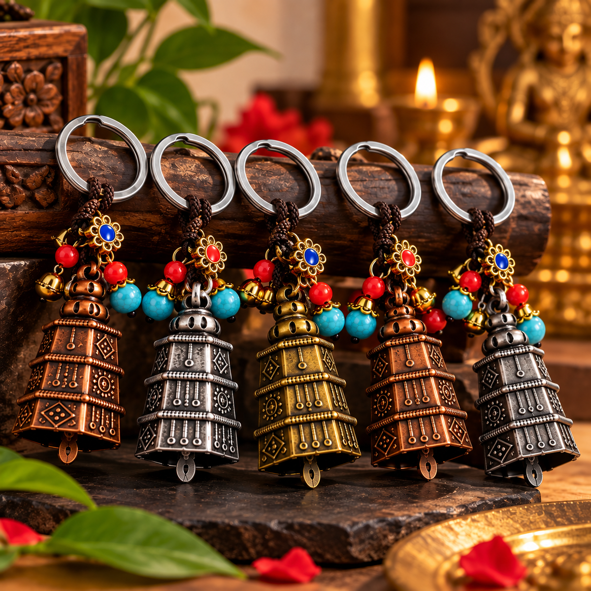 Premium Temple Bell Keychain – Decorative Metal Bell with Beaded Charms